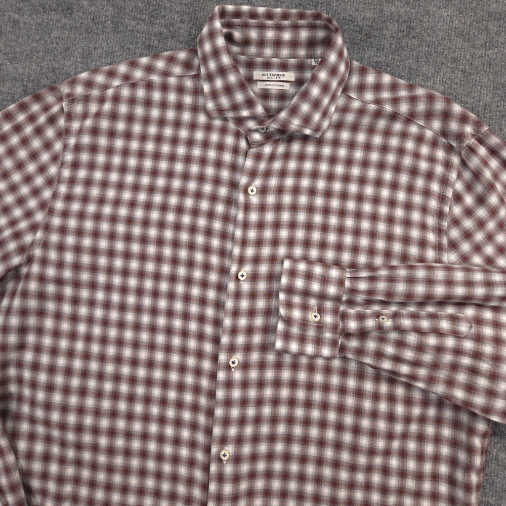 Gutteridge Shirt Mens 44 17.5-37 Bordeaux Brown Plaid Lightweight Long Sleeve
